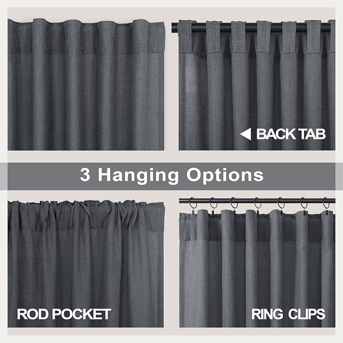 Dark Gray Curtains 108 Inches Long 2 Panels Set for Patio Door 2 Panels Rod Pocket Semi Sheer Linen Lightweight Drapes Charcoal Grey Cotton Textured 9ft Curtain for Dining Room Bedroom Playroom 52x108