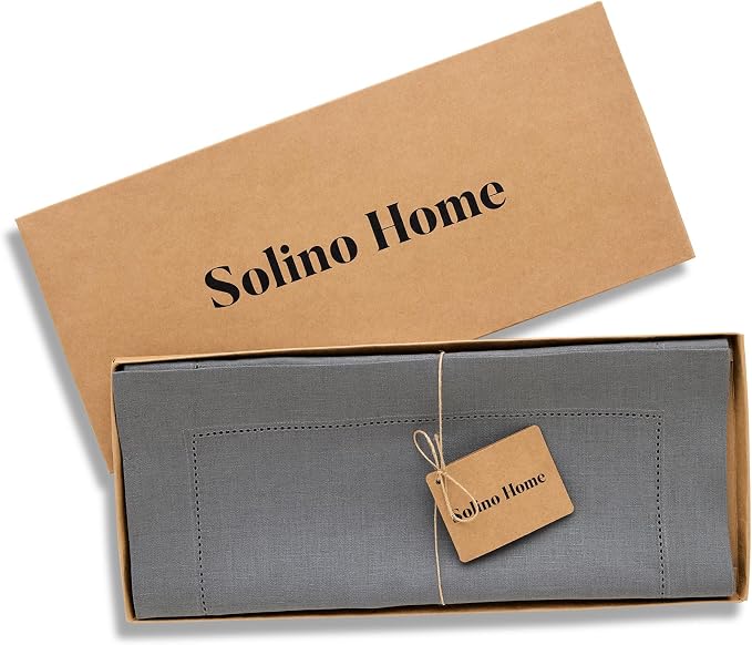 Solino Home 100% Pure Linen Table Runner Gray, Classic Hemstitch 14 x 90 in | Table Runners for 6-8 seater dining tables, hallway tables and consoles | soft plain weave | Steel Gray | OEKO-TEX Certified
