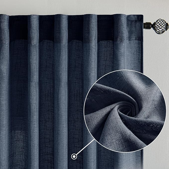 MIULEE Navy Blue Linen Curtains 52x90 Inch 2 Panels for Bedroom Living Room | Length, Soft Thick Linen Textured Natural Window Drapes, Semi Sheer Light Filtering, Back Tab Rod Pocket, Burlap Look Decor