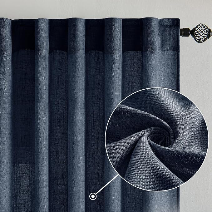 MIULEE Navy Blue Short Linen Curtains 52x45 Inch Long 2 Panels for Bedroom | Bathroom, Soft Thick Linen Textured Natural Kitchen Window Drapes, Semi Sheer Light Filtering, Back Tab, Burlap Look Decor