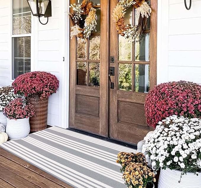 Grey and White Outdoor Rug 24"x51"Cotton Washable Striped Front Porch Rug | Hand-Woven Door Mat Outdoor For Entryway Combined With Hello Welcome Mat