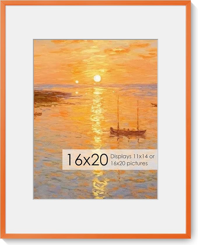 Fun Memories 16x20 Metal Picture Frame with 11x14 Mat, Brushed Aluminum Finish, Tempered Glass Front, and Attached Hanging Hardware(Orange, Pack of 1)