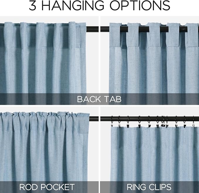 Blue Linen Curtains 96 inches Long for Bedroom Back Tab Light Filtering Privacy Sheer Curtains Modern Farmhouse Coastal Decor Dusty Blue Cotton Textured Gauze Curtain 2 Panel Set 52x96