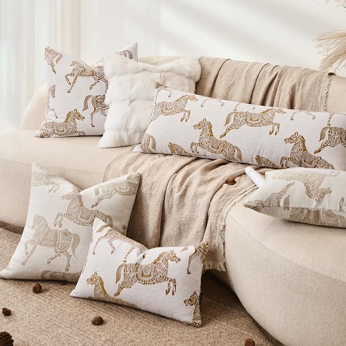 Throw Cushion Pillow Covers 20 x 20 inches, Double Sided Orange Horse Pattern Jacquard Pillows Cover, Luxury Decorative Pillow Cover for Bed Couch