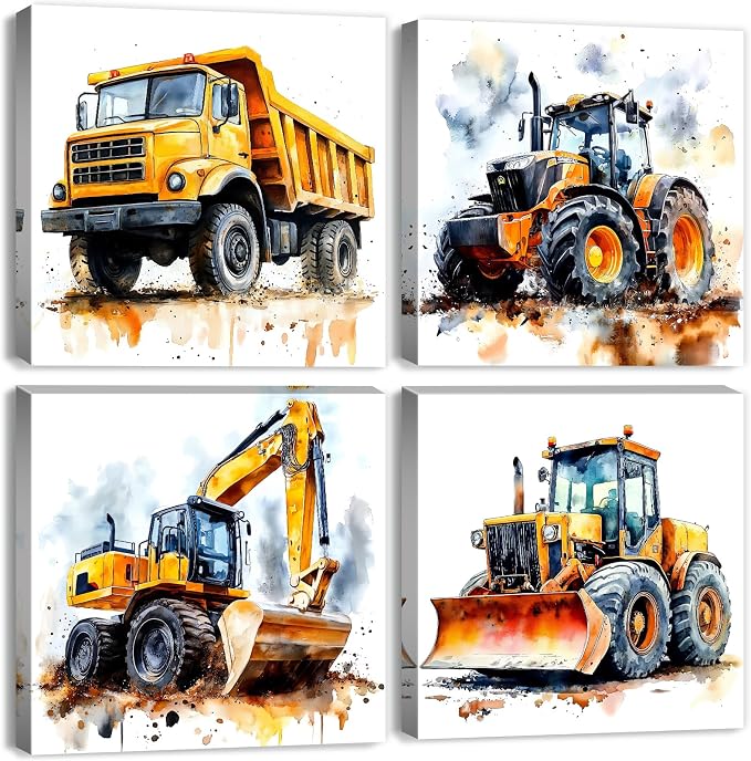 Set of 4 Construction Vehicles Canvas Wall Art Large Boys Room Pictures Decorations Cartoon Dump Bulldozer Excavator Tractor Truck Wall Decor Kids Bedroom Playroom Posters Paintings Artwork 20x20”