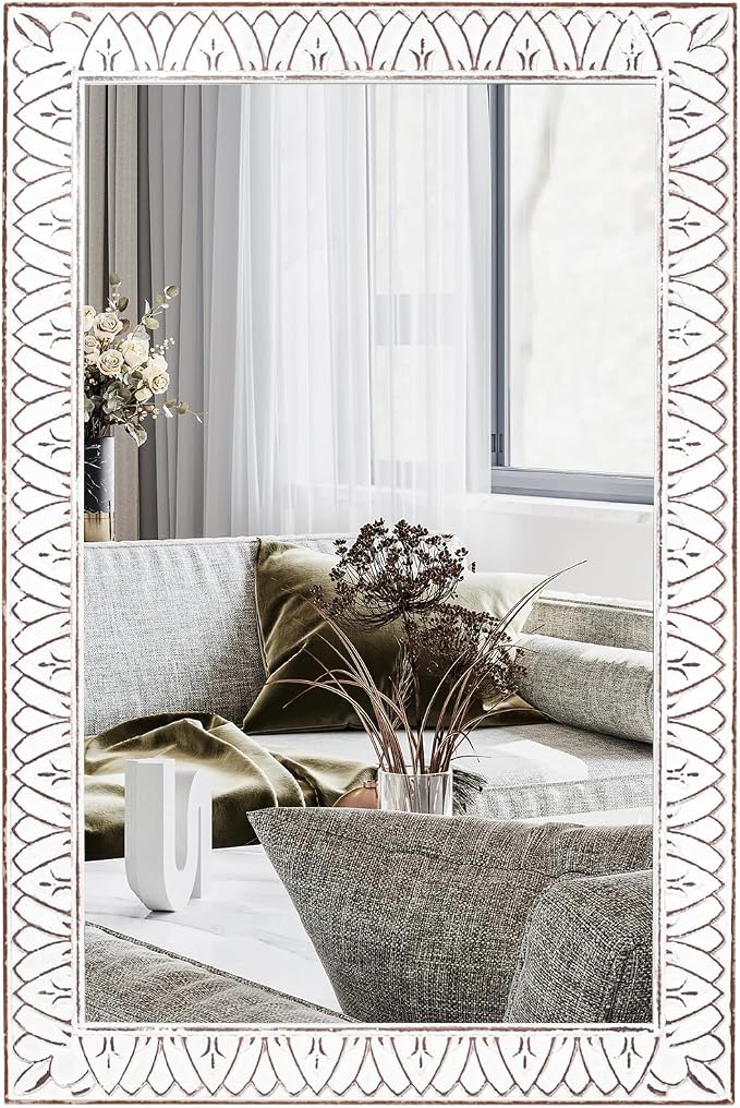 36x24 Inch Farmhouse Rectangle Wall Mirrors with Wooden Frame | Rustic Decorative Rectangular Mirror for Living Room, Bedroom, Bathroom, Entryway - Vertical/Horizontal Hanging