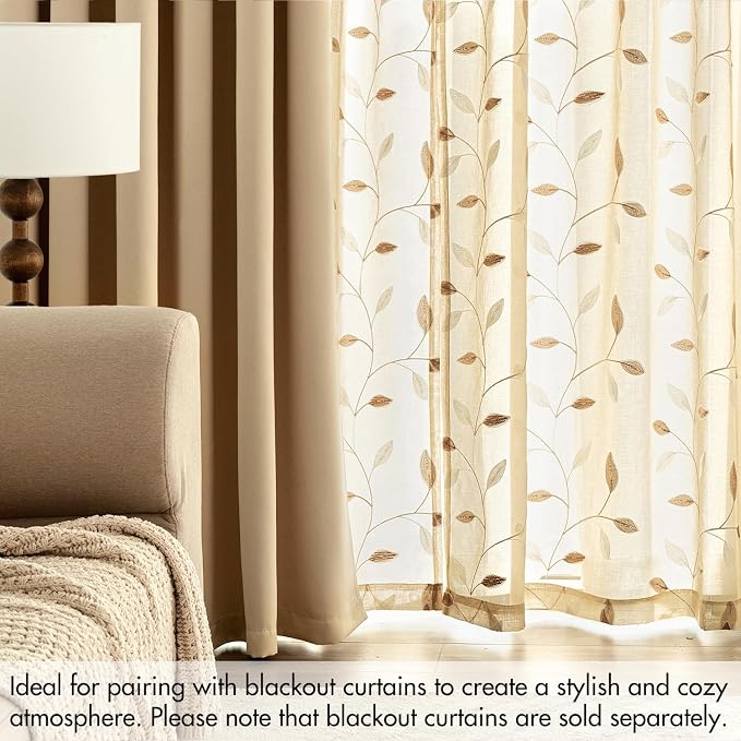MIULEE Beige Sheer Curtains 2 Panels Embroidered Leaf Patterned, W52 x L84 | Embroidered Floral Semi Sheer,Rod Pocket,Faux Linen,Short Window Curtains Drapes Set for Kitchen/Bathroom/Cafe