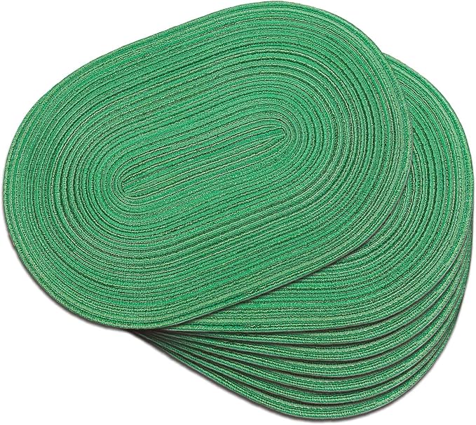 Placemats Set of 8, Woven Oval Braided Dining Table Mats(Green Shine) | 12 x 17.5 Inch Size Fits Plates and Flatware; Hand Washable and Heat Resistant for Kitchen Use, with Farmhouse and Boho Style