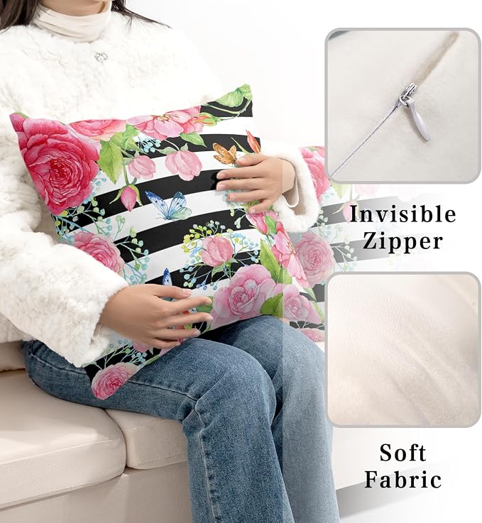 Spring Summer Pillow Covers 24x24 Set of 2 Rose Throw Pillow Covers Butterfly Flowers Pillow Case Black Stripes Cotton Blend Cushion Case for Home Decor Couch Sofa