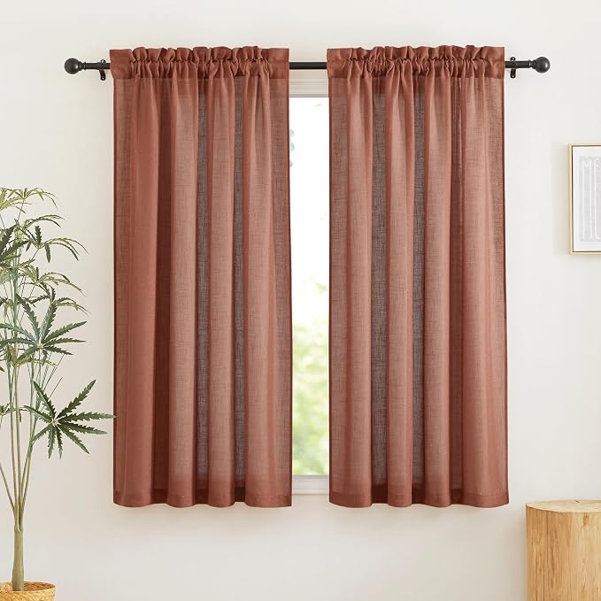 RYB HOME Linen Semi Sheer Curtains 72 inches Long for Living Room | Half Privacy, Light Filtering, Window Curtains & Drapes, Terracotta, W52 x L72, 2 Panels