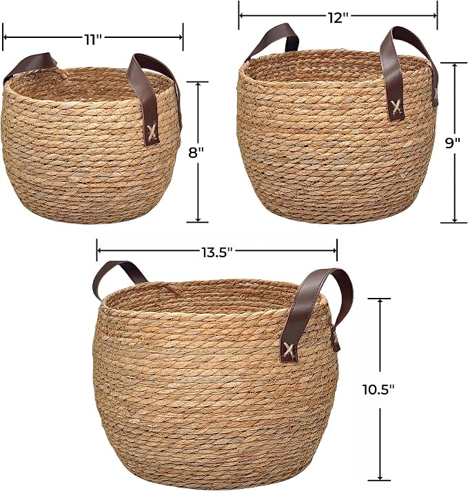 GIB Round Seagrass Storage Baskets Woven Wicker Planter Baskets for Decor | Decorative Basket for Blankets, Plants, Shelves Organizing, Natural Rattan, Leather Handles, 13", 12" & 11", Set of 3