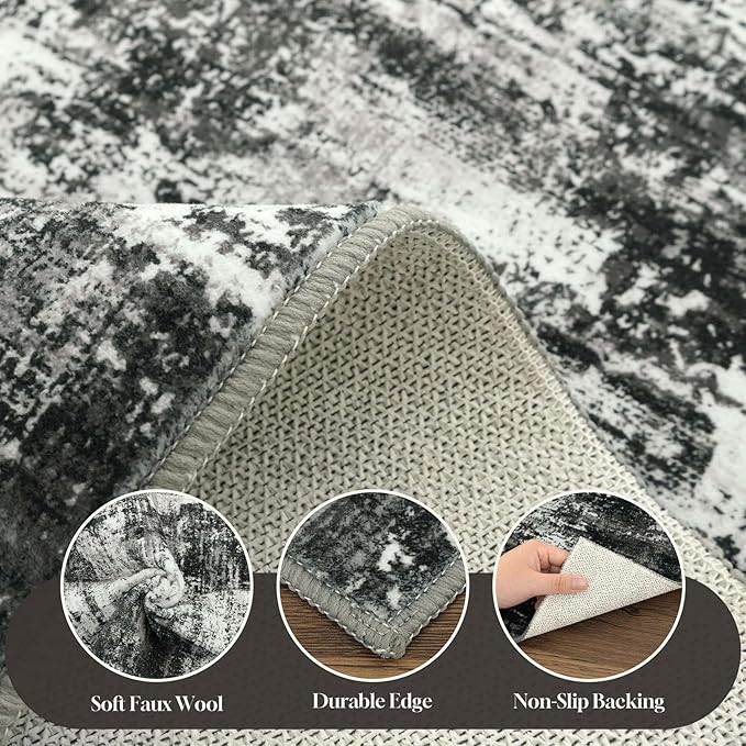 Lansny Abstract Washable Entryway Rug 2x3 Area Rug Small Non Slip Door Mat | Charcoal Black;Thin Printed Faux Wool Kitchen Rugs;Indoor Front Door Rug;Entry Rug;Throw Rugs for Foyer,Entrance;Floor Carpet