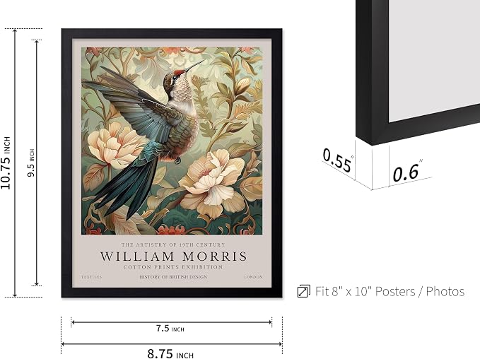 Poster Master William Morris Poster - Hummingbird Print - Botanical & Floral Illustration - Aesthetic Office or Bedroom Decor - 8x10 Black Framed