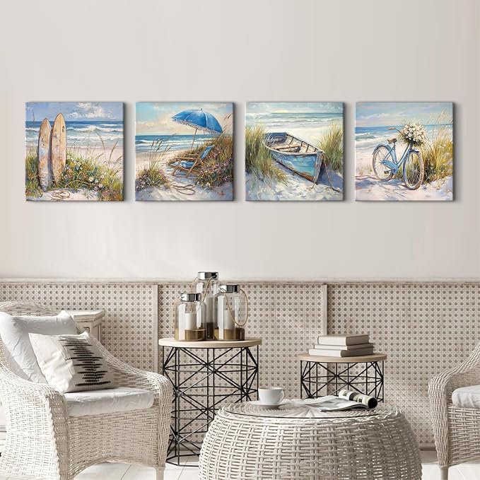 Coastal Beach Canvas Wall Art Seaside Landscape Wall Decor for Bathroom Beachy Chair Boat Flower Bike Sea Reed Picture Living Room Ocean Seascape Poster Bedroom Kitchen Home Decorations 16x16" 4P