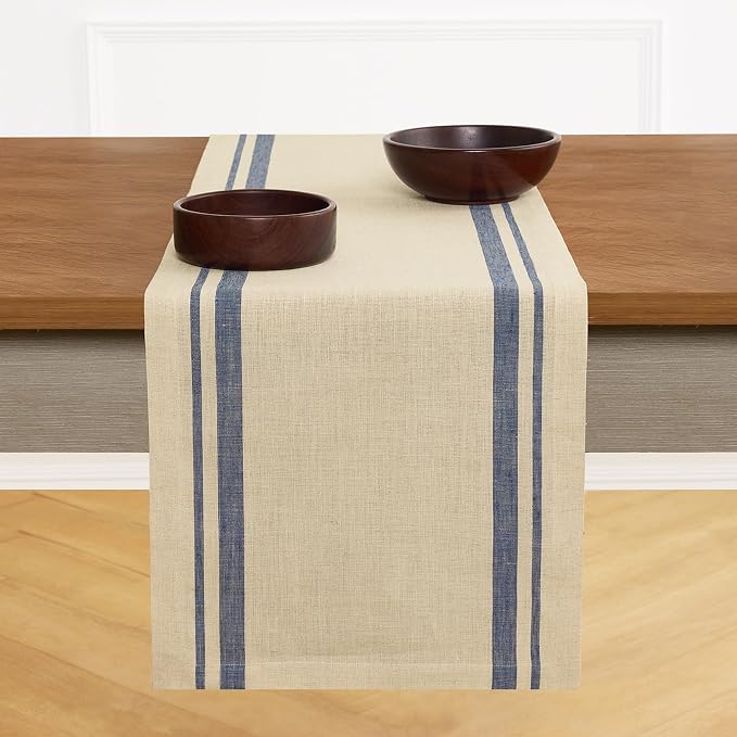 Solino Home 100% Linen Table Runner, 14 x 120 in, Navy and Natural Striped | French Stripe, brings a tailored look to family meals and hosting, woven stripe, European flax fibres, OEKO-TEX Certified