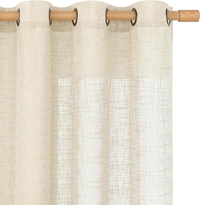 Beige Linen Sheer Curtains 84 Inch Length for Living Room 2 Panels | Light Filtering, Boho, Bedroom Window Curtains, Neutral Thick Drapes for Farmhouse, Bronze Grommet Panels, 52 X 84 Inch