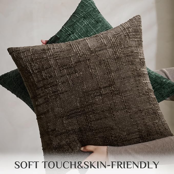 Softalker Textured Chenille Throw Pillow Covers Set of 2, 18x18 Brown Decorative Cushion Covers, Soft Cozy Slubby Texture for Modern Farmhouse Sofa Couch Bed