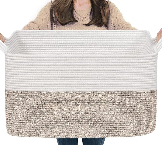 Goodpick 75L Extra Large Woven Blanket Basket, 22" x 17" x 12", Light Brown | Decorative Storage Basket for Blankets, Pillows & Toys, Cotton Rope Basket for Living Room & Bedroom, Stylish Home Decor