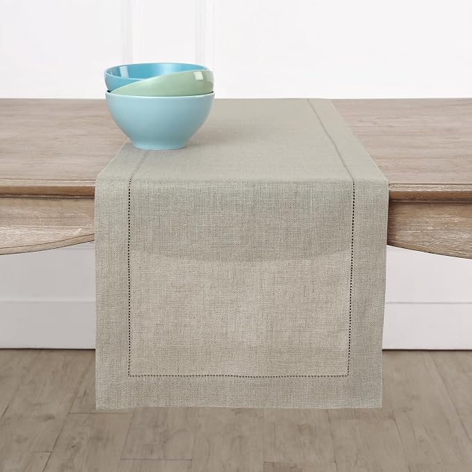Solino Home 100% Pure Linen Table Runner Natural Hemstitch, 14 x 120 in | Classic Hemstitch, styles dining tables for meals and celebrations, hemstitched border, mitered corners, OEKO-TEX Certified