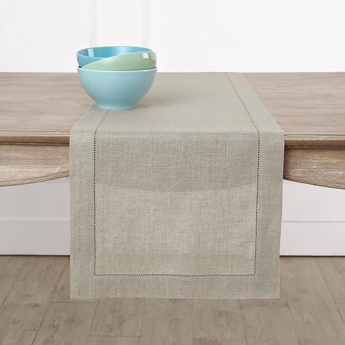 Solino Home 100% Pure Linen Table Runner Natural Hemstitch, 14 x 156 in | Classic Hemstitch, brings a tailored look to family meals and hosting, hemstitched border, soft, fine, OEKO-TEX Certified