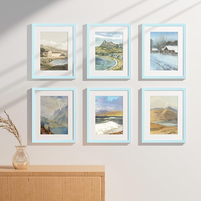 Vittanly 11x14 Picture Frames Set of 9 for Wall Mounting, Light Blue | Display Pictures 8x10 with Mat or 11x14 without Mat, Engineered Wood with Shatter Resistant Plexiglass, Gallery Photo Frames