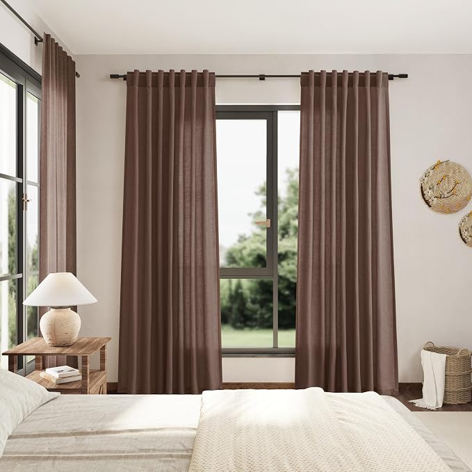 Mocha Mousse Curtains 90 Inch Length 2 Panel Set Back Tab Rod Pocket Linen Boho Semi Sheer Light Filtering Neutral Farmhouse Decor for Living Room and Bedroom 52x90