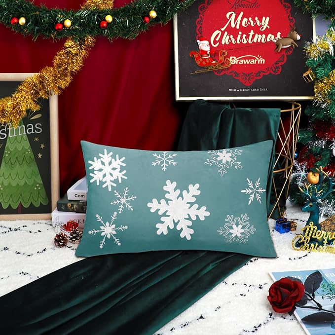 BRAWARM Christmas Pillow Cover 12 X 20 Inches, Teal Snowflake Embroidered Lumbar Pillow Cover, Soft Velvet Decorative Throw Pillow for Couch Bed Sofa Living Room Home