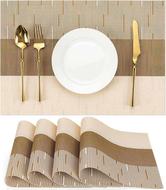 Placemats Set of 4, Vinyl Woven Heat-Resistant Place Mats | Washable Wipeable PVC Table Mats, Non Slip Placemat for Kitchen Dining Indoor Outdoor Table (Beige Light Brown, Set of 4)