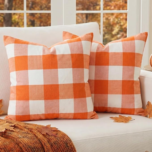 Burnt Orange Fall Buffalo Check Checkered Pillow Covers 18x18 Set of 2 | Cojines De Otoño Para Sala, Thanksgiving Autumn Pillow Covers 18 x 18, Aesthetic Fall Room Decor, Fall Front Porch Pillows