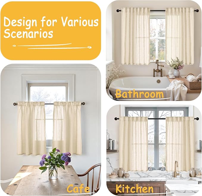 YoungsTex Burlap Natural Linen Curtains 45 Inch Length, Short Drapes Textured Semi Sheer with Rod Pocket Back Tab Lightweight for Living Room Window, 2 Panels,42 X 45 Inch