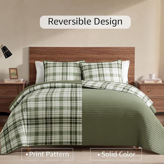Twin Quilt-Lightweight Bedspread Plaid Quilt Twin Size Quilt Bedding Set | Green Reversible Coverlet for All Seasons, Suitable for Bed, Couch, 2 Pieces, 66"x92"