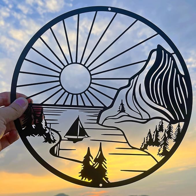 DUOOLN Mountain Scene Metal Wall Decor,Forests Landscape Hanging Painting. | Rustic Nature|Abstract Line Pictures |Adventure Sculptural|Gothic Silhouettes Art|Home Garden Bedroom Living Room|black 11in