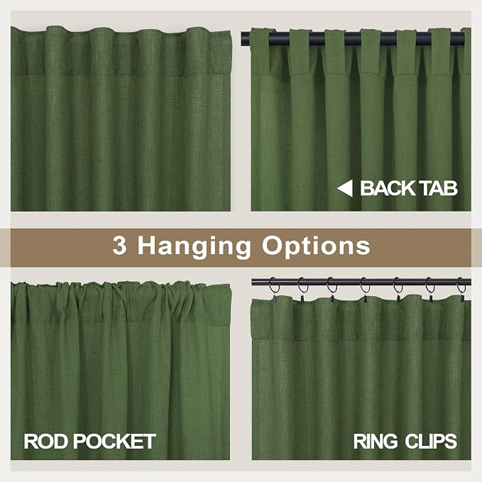Pitalk Olive Green Curtains 63 Inch Length for Living Room 2 Panels Set Back Tab Rod Pocket Pleated Look Semi Sheer Linen Green Curtains for Bedroom Boho Decoration 52x63 in Long