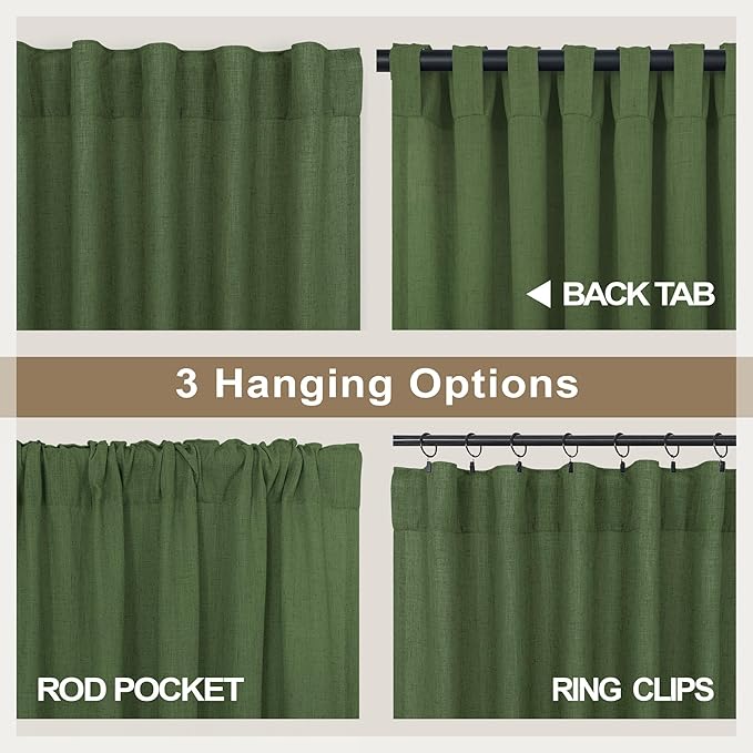 Pitalk Olive Green Curtains 102 Inch Length for Living Room 2 Panels Back Tab Pocket Linen Sheer Semi Light Weight Breathable Airy Flowy Loden Green Boho Curtain for Bedroom Bay Window 8.5 FT Long