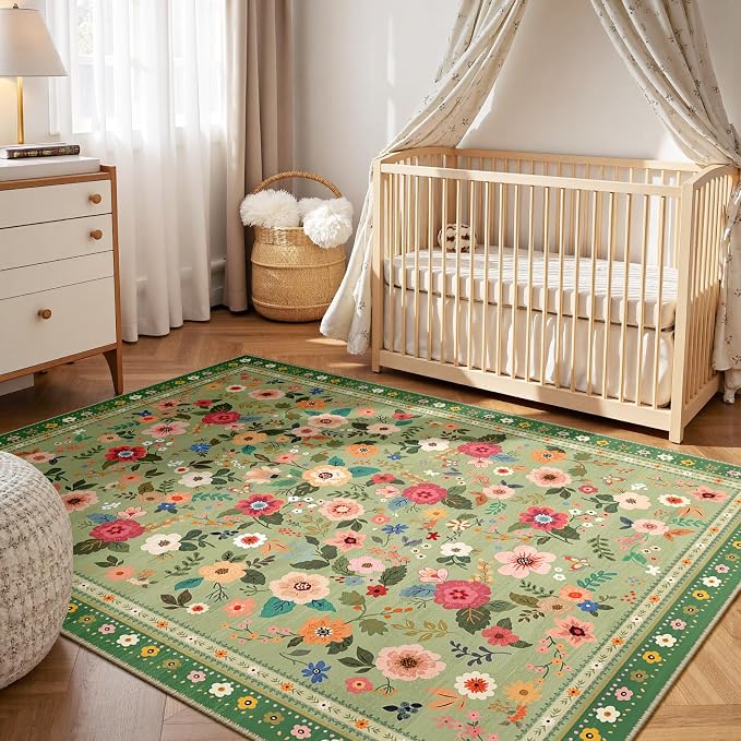 Washable Floral Area Rug for Living Room 5x7 Light Green | Non-Slip，Vacuum-Friendly, Low Pile, Flower Carpet for Bedroom Kitchen Entryway Dining Room Office Nursery