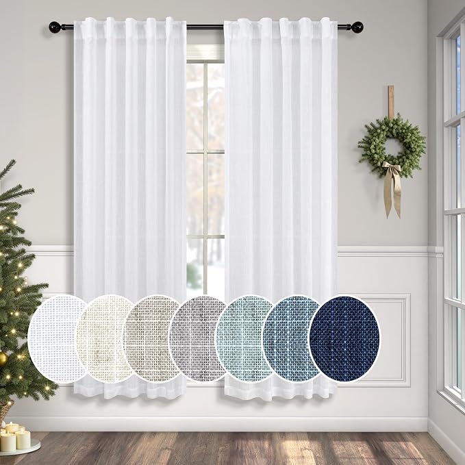 Pitalk White Curtains 38 Inch Wide for Windows 2 Panels Back Tab Loops Rod Pocket Light Diffusing Semi Sheer Linen Curtains for Bedroom Living Room Closet Doors Doorway 38 Inch Width by 63 Inch Length