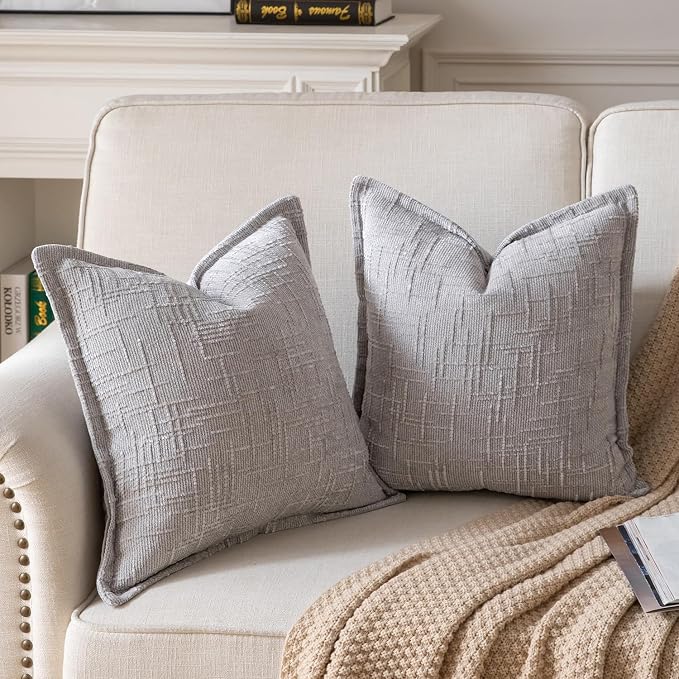 Yaertun Chenille Throw Pillow Covers 26x26 Inch Set of 2 Textured Broadside Soft Cozy Velvet Pillow Covers Modern Farmhouse Boho Decorative Pillow Cases for Couch Bed Sofa Livingroom Light Gray
