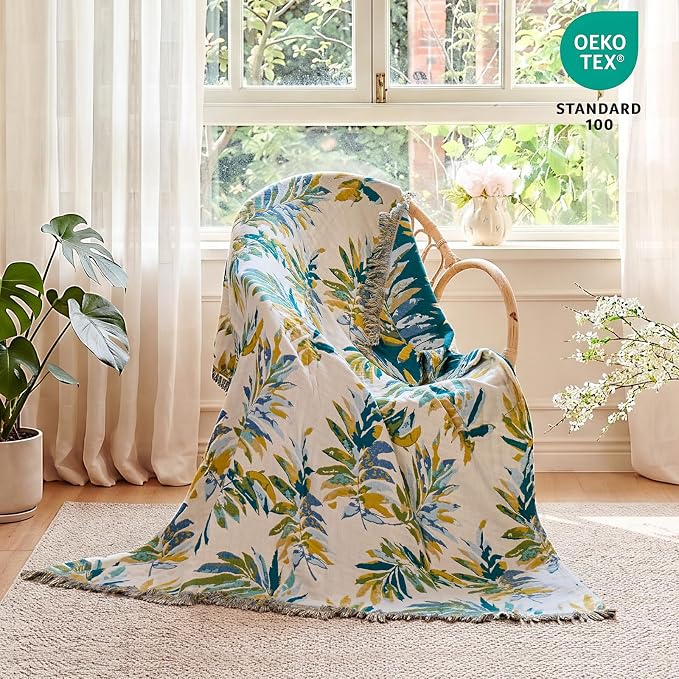 MSGKV Boho Throw Blanket 50"x60" 100% Cotton Leaves Muslin Throw for Couch | 100% Cotton Blanket, Leaves Throw Blanket, Reversible Weave, Soft & Breathable, Nature Home Decor, Machine Washable