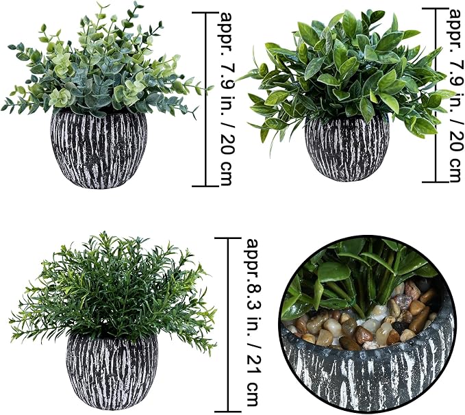 Winlyn Set of 3 Artificial Potted Plants Faux Eucalyptus Rosemary Boxwood Greenery in Black & White Concrete Pots Small Fake Plant for Indoor Outdoor Home Office Table Shelf Windowsill Greens Décor