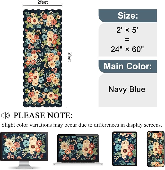 DUKINO 2x5 Washable Runner Rug, Floral Non Slip Kitchen Rug, Navy Blue | Soft, Low Pile, Non-Shedding Throw Rug Runner for Hallway, Entryway, Bedroom, Bathroom, Pet Friendly, Home Decor, Lightweight
