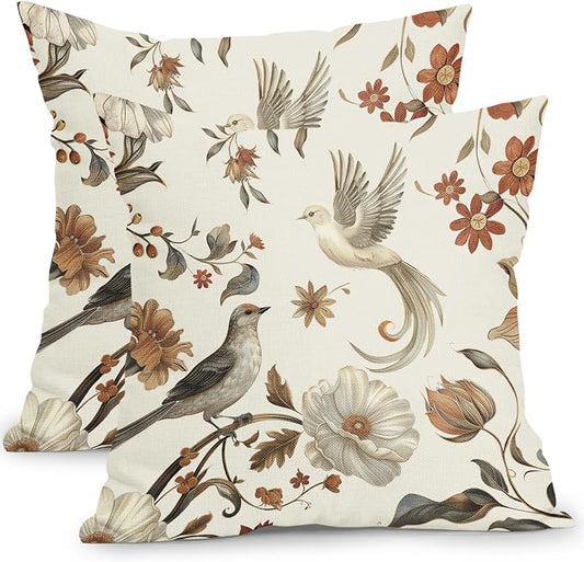 Kawani Vintage Floral Pillow Covers 16x16 Inch Set of 2 Cream Chinoiserie Flower and Bird Outdoor Decorative Throw Pillows Retro Rustic Pillowcases Farmhouse Cushion Covers for Couch Home Decor
