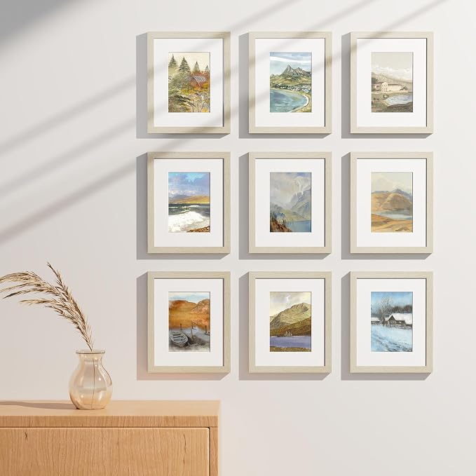 Vittanly 8x10 Picture Frames Set of 9 for Wall Mount or Tabletop, Cornsilk | Display Pictures 5x7 with Mat or 8x10 without Mat, Small Photo Frames, Engineered Wood with Shatter Resistant Plexiglass