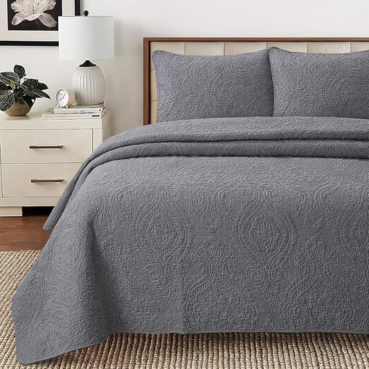 Cozy Line Home Fashions Charcoal Gray Cotton Quilt Set – 3-Piece Solid Textured Quilted Bedspread with Shams, Lightweight All Season Modern Bedding (Medallion - Grey, King - 3 piece)