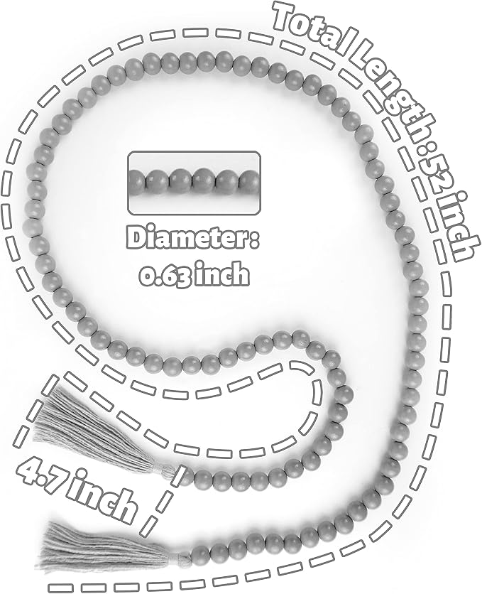 Grey Wooden Bead Garland with Tassels, 61 Inch