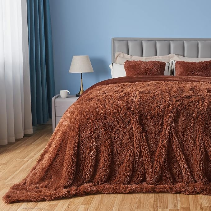 GONAAP Fuzzy Faux Fur Queen Blanket for Couch, Coffee, 90"x90" | Warm Cozy Plush Shaggy Decorative Reversible Thick Non-Heated Fleece Blanket for Sofa Bed, Gift for Women Men, All Season Use