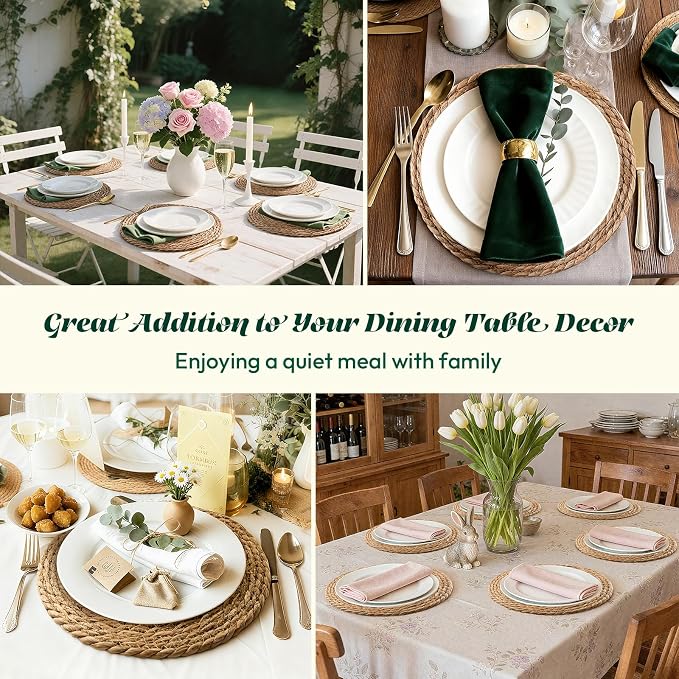 13 Inch Round Woven Placemats Set of 24, Boho Farmhouse Rustic Rattan Wicker Braided Chargers for Dining Table, Water Hyacinth Jute Place Mats for Dinner Plates, Outdoor Patio & Wedding Decor