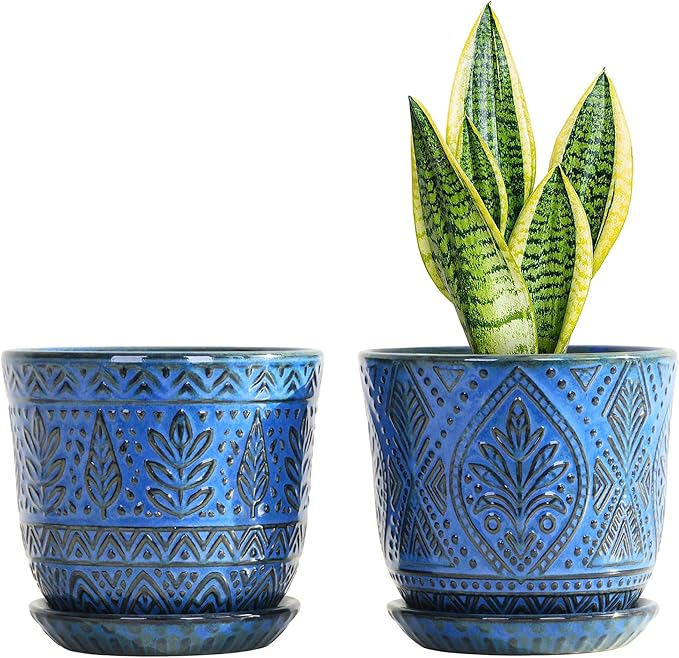 Gepege Ceramic Plant Pots, 6 Inch Indoor Planters with Drainage & Saucers | Ceramic pots for plants with drainage holes, ceramic saucers and mesh pads, ideal for flowers, herbs and succulents, set of 2