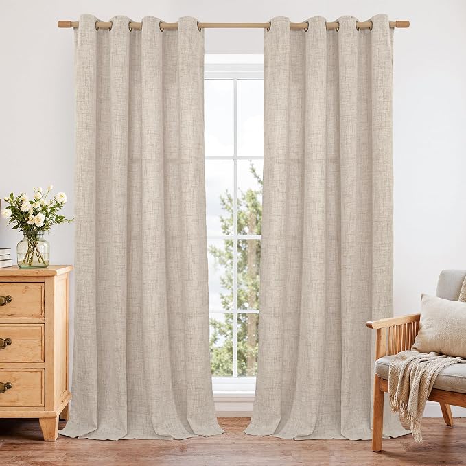 YoungsTex 95 Inches Long Curtains for Living Room, Linen Drapes Grommet | Semi Sheer Window Treatments Floor Length Light Filtering for Sliding Door Bedroom, 2 Panels, 52 X 95 Inch
