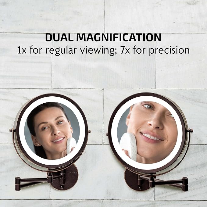 OVENTE 9" Wall Mounted Lighted Makeup Mirror, Antique Bronze MFW85ABZ1X7X | Cordless Double Sided 1X/7X Magnifying Mirror for Bathroom with LED Lights, 360° Rotation, Extendable Arm, Battery Operated
