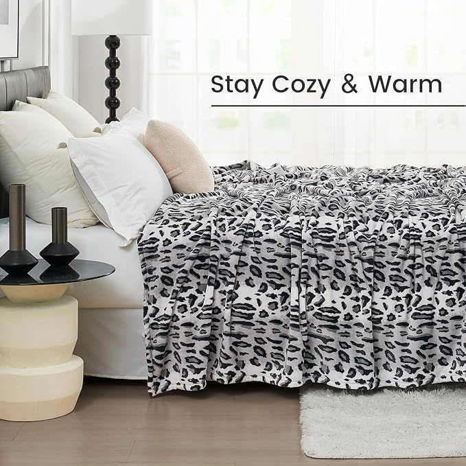 Cozy Bliss Leopard Print Fuzzy Throw Blanket for Couch & Bed, Thick Soft Warm Fleece Blankets for Room Decor, for Girls Kids Women Men, Snow Leopard, Grey 40"*50"